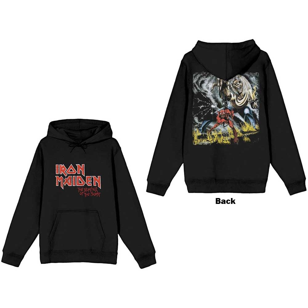 Iron Maiden Unisex Pullover Hoodie: Number Of The Beast Vintage Logo Faded Edge Album (Back Print) (Large)