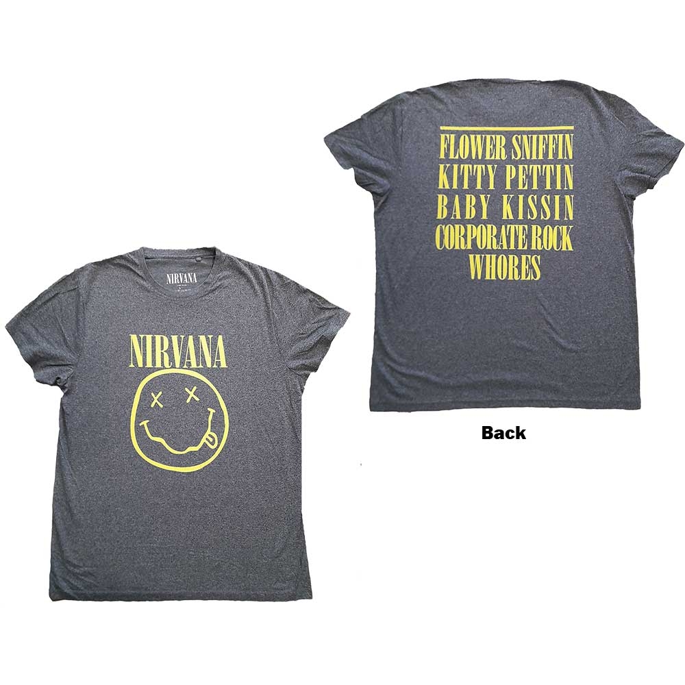 Nirvana Unisex T-Shirt: Yellow Smiley (Back Print) (Small)
