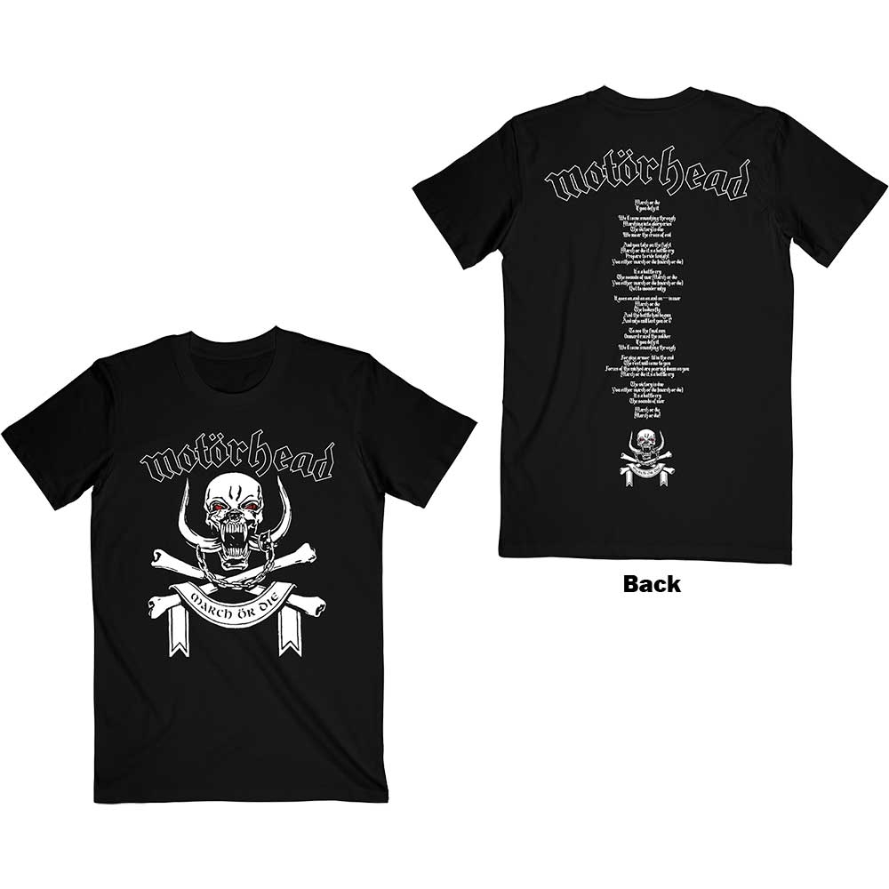 Motorhead Unisex T-Shirt: March or Die Lyrics (Back Print) (Small)