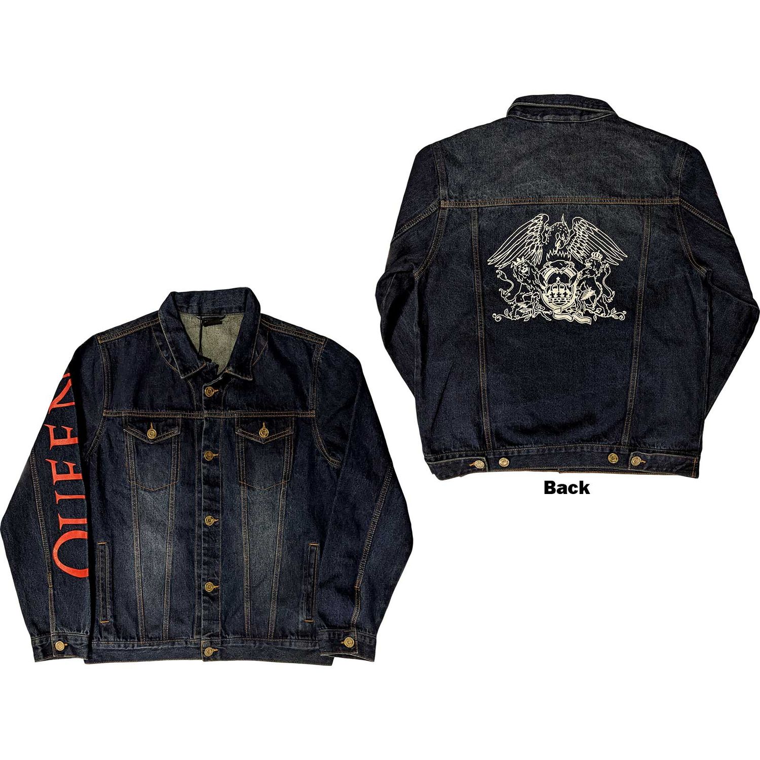 Queen Unisex Denim Jacket: White Crest (Back Print) (Small)