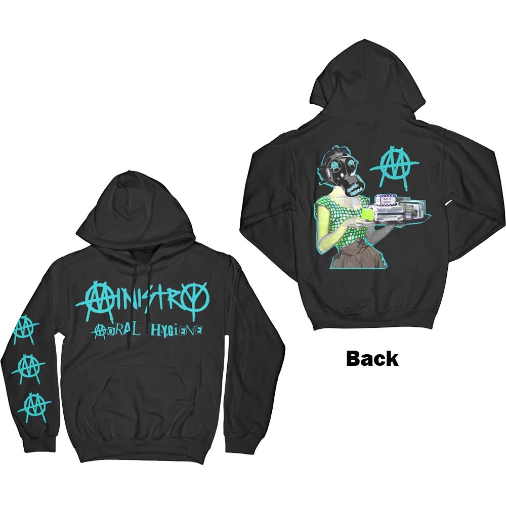 Ministry Unisex Pullover Hoodie: Moral Hygiene Gasmask (Back & Sleeve Print) (Small)
