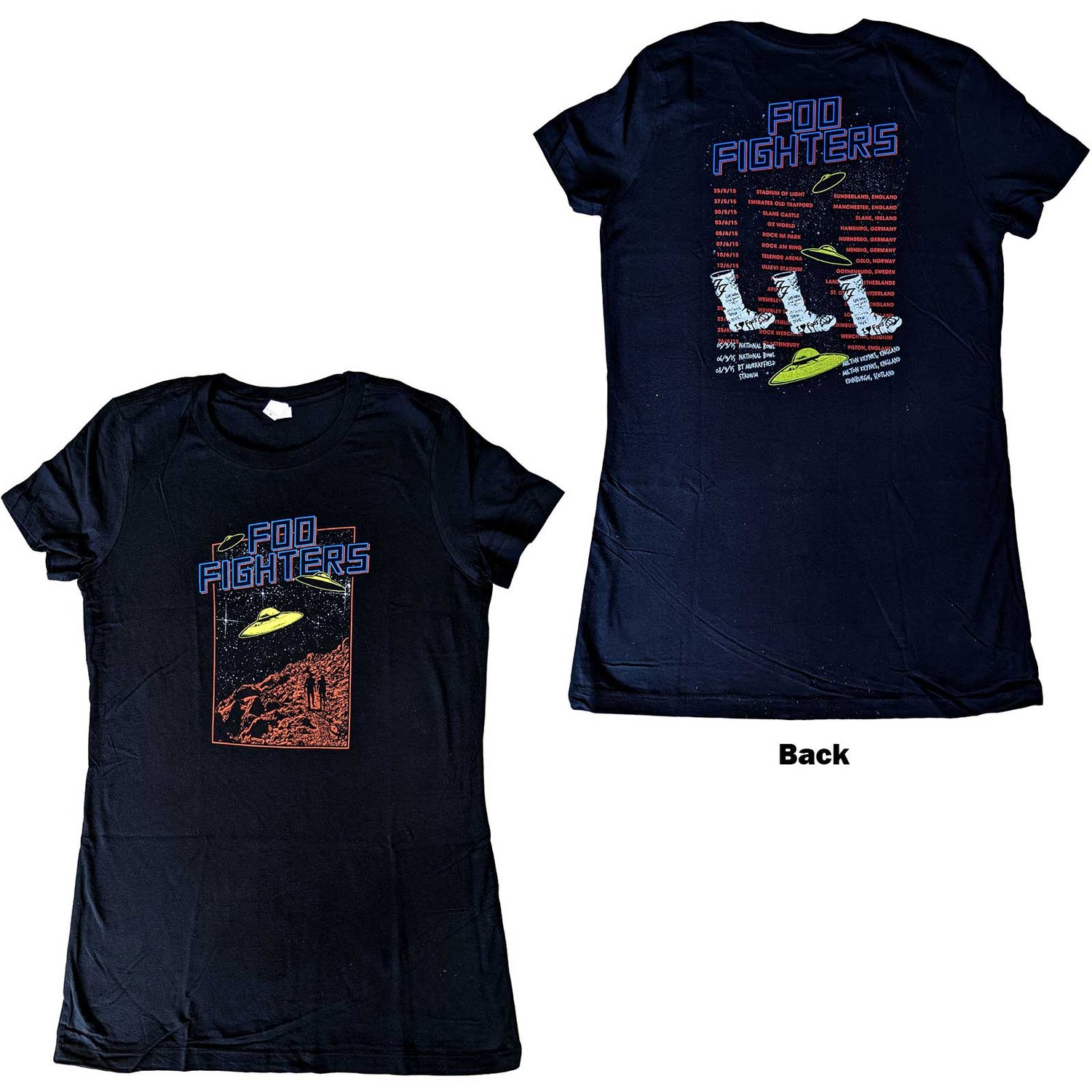 Foo Fighters Ladies T-Shirt: UFOS 2015 European Tour (Back Print) (Ex-Tour) (Small)