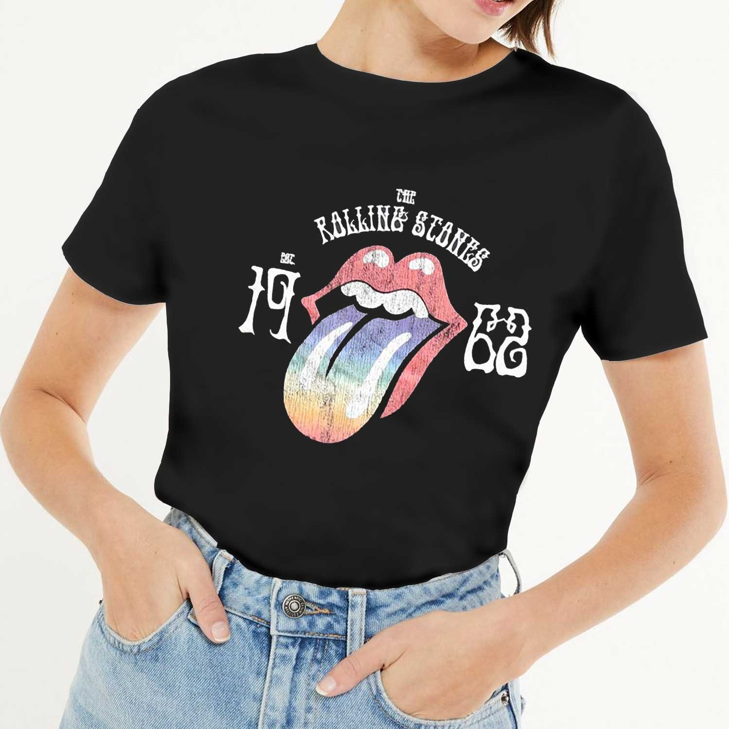 The Rolling Stones Ladies Hi-Build T-Shirt: Sixty Rainbow Tongue '62 (Puff Print) (Medium)