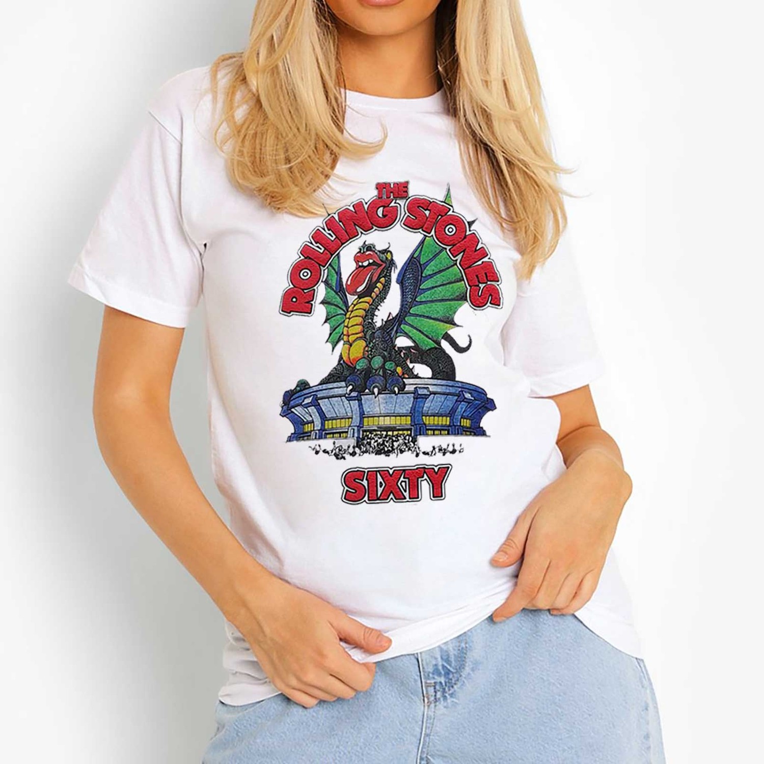 The Rolling Stones Ladies Hi-Build T-Shirt: Sixty Stadium Dragon (Puff Print) (Small)