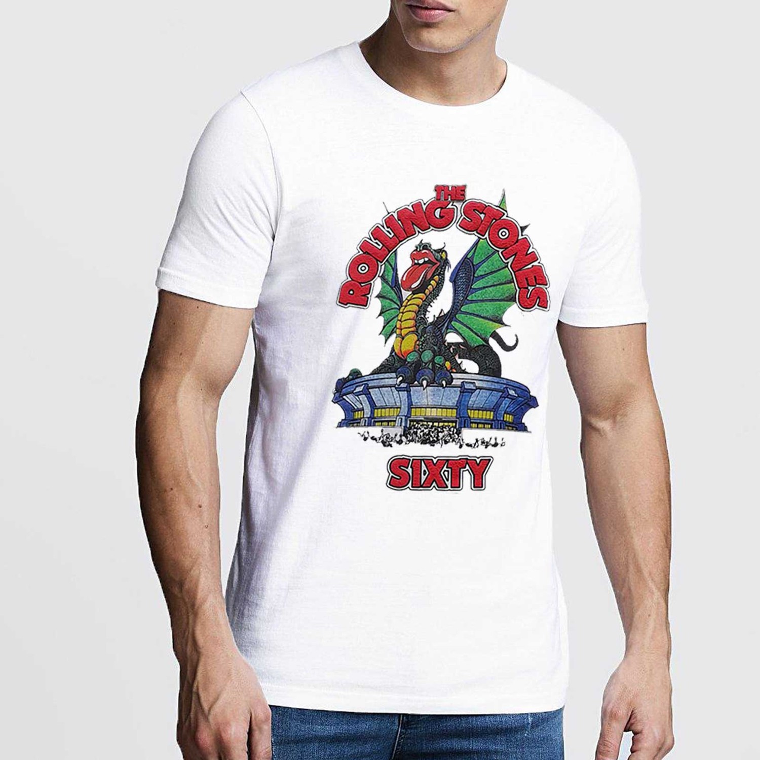 The Rolling Stones Unisex Hi-Build T-Shirt: Sixty Stadium Dragon (Puff Print) (Large)