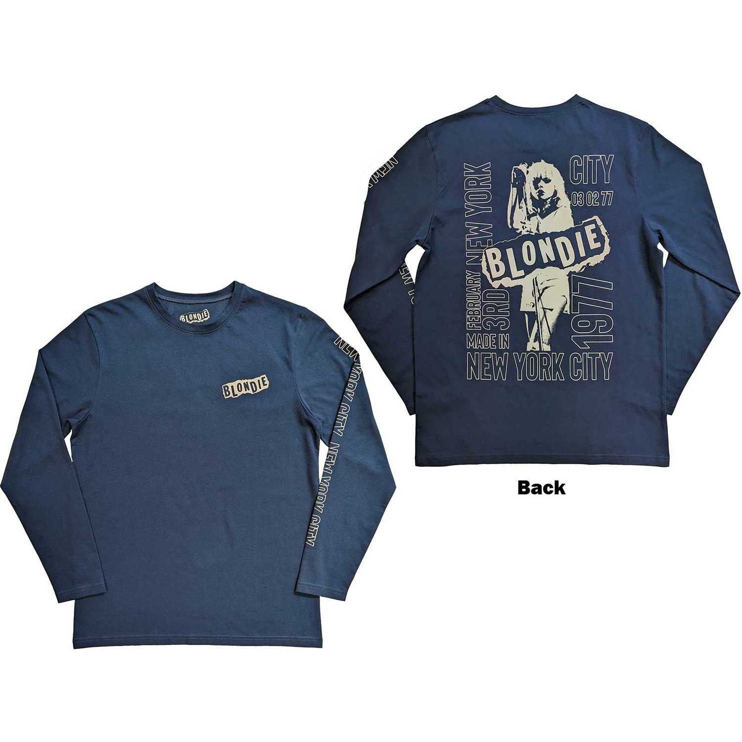 Blondie Unisex Long Sleeve T-Shirt: NYC '77 (Back & Sleeve Print) (Large)