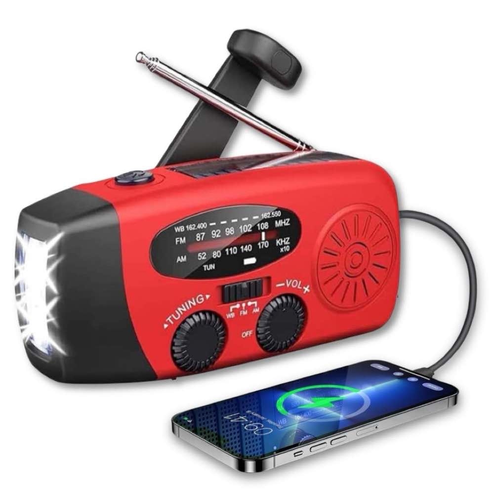 Vevradio / Nödradio / Radio med Solceller, Ficklampa och 2000mAh Powerbank SOS Nöd - Röd