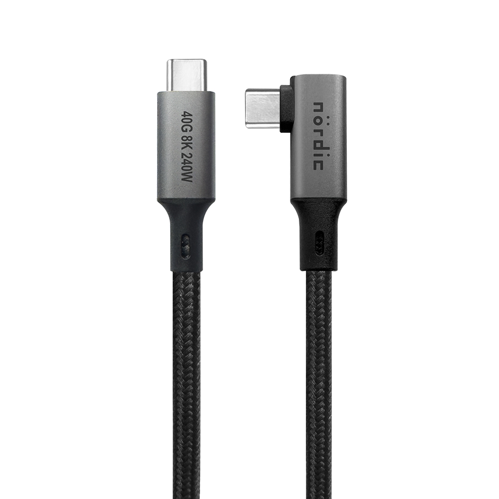 NÖRDIC vinklad 2m USB4 USB-C till C nylonflätad kabel PD3.1 240W 40G 8K60Hz 4K144Hz