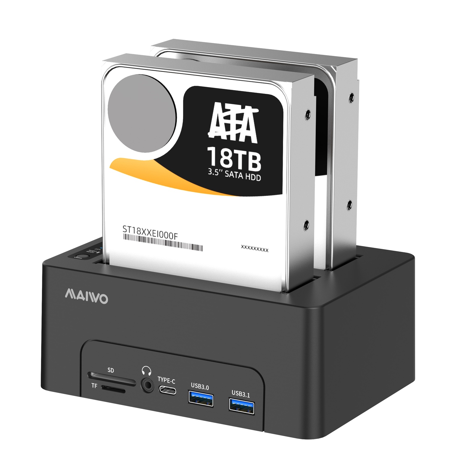 Maiwo HDD USB-C Dubbel dockningsstation med klon 10Gbps HDMI 4K60Hz Giga Lan kortläsare SD och MicroSD USB HUB 2xUSB-A och 2xUSB-C
