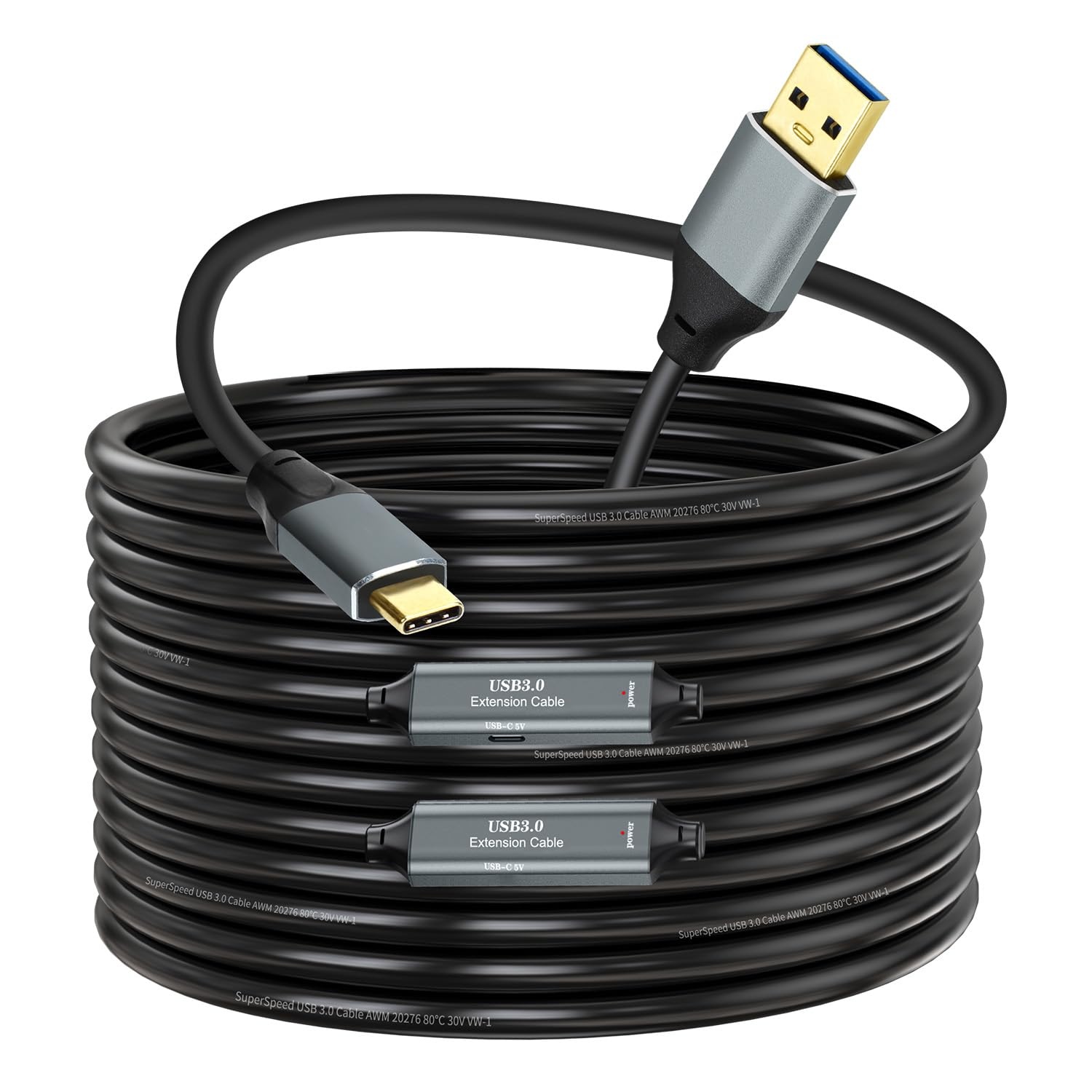NÖRDIC 15m Aktiv USB 3.0 A till C Kabel, 5Gbps Super Speed USB-kabel Kompatibel med VR, Kamera, Dockningsstation och mer