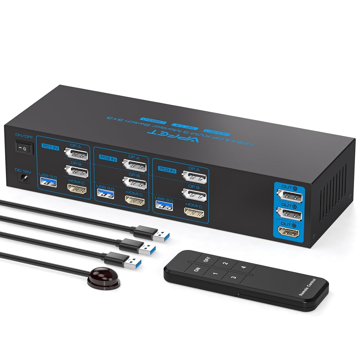 NÖRDIC KVM Switch 3 till 3, 4xUSB3.0 2xDP 1xHDMI 8K30Hz med trådlös kontroll