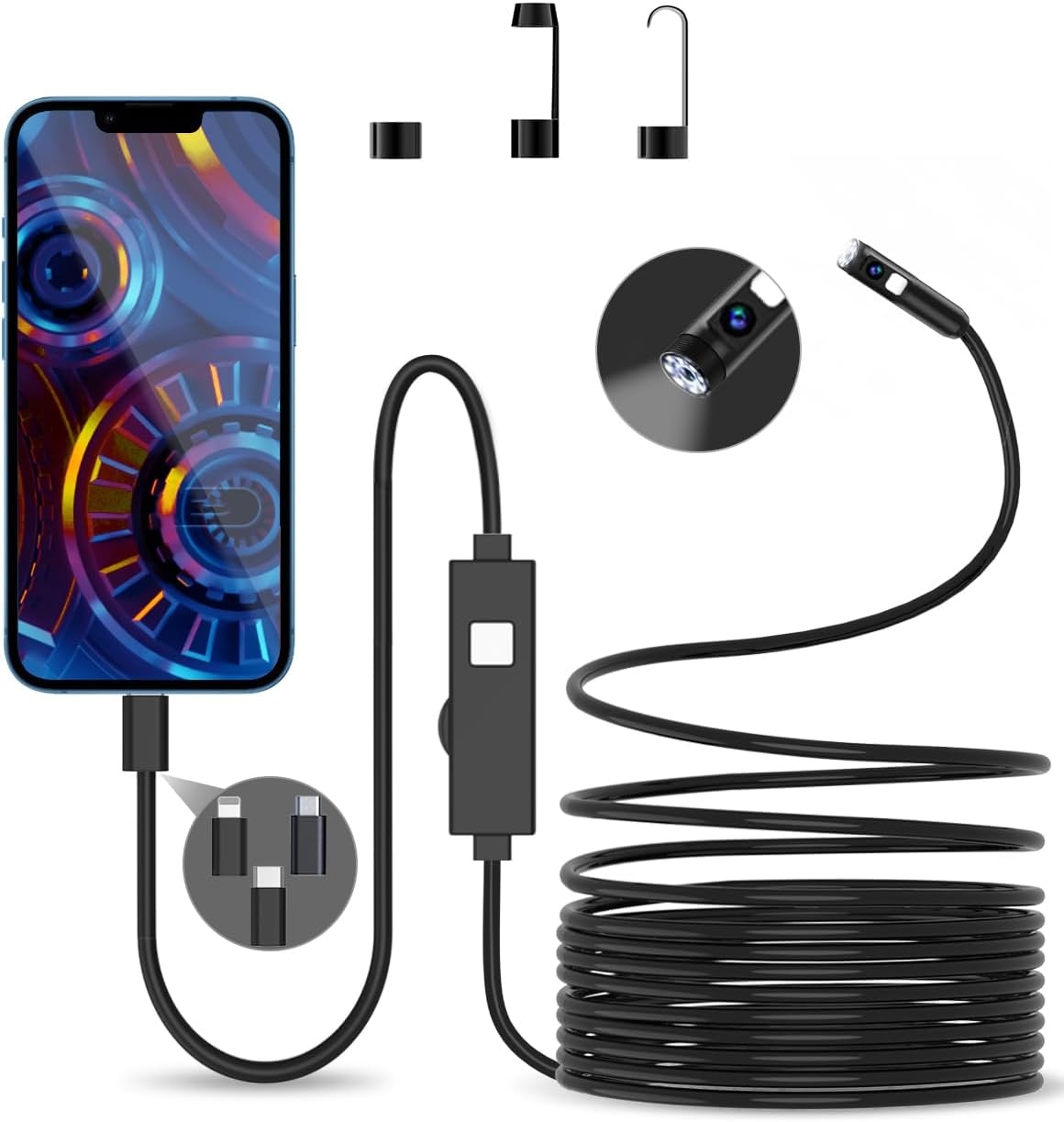 NÖRDIC 5m Endoskopkamera med dubbla lenser för mobiltelefon med ljus, 1080P HD, 8 LED-lampor, vattentät IP67, inget WiFi krävs, Android och iOS
