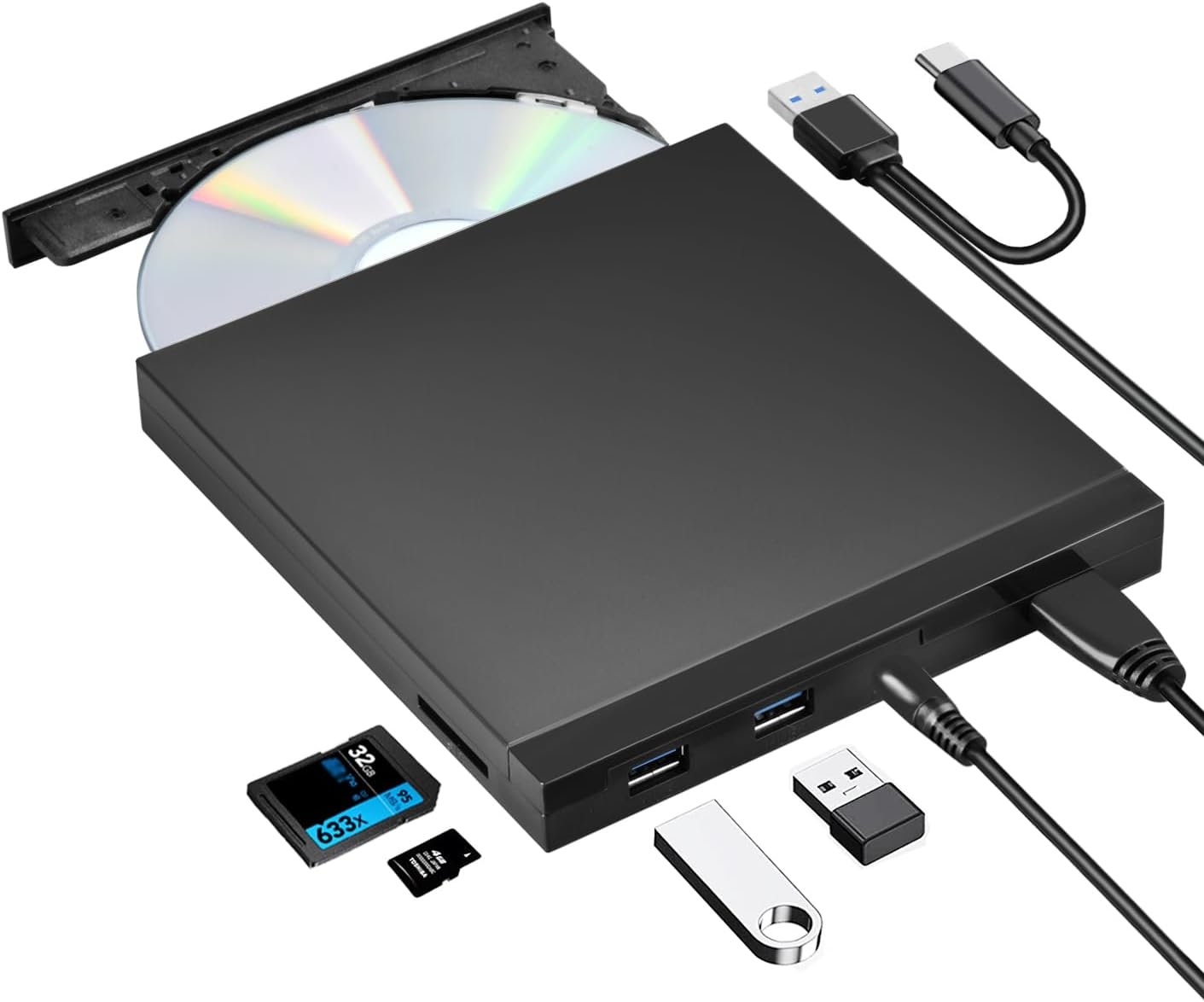 NÖRDIC Kannettava CD-poltin ja soitin sekä USB-keskitin SD/Micro-SD-kortinlukijalla