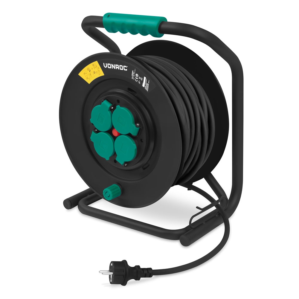 VONROC Kabeltromle PRO – 50 Meter | IP44 | 4 stik - udtag | 3000W | Neoprenkabel | Til Udendørs Brug, Værksted, Have og Bilpleje