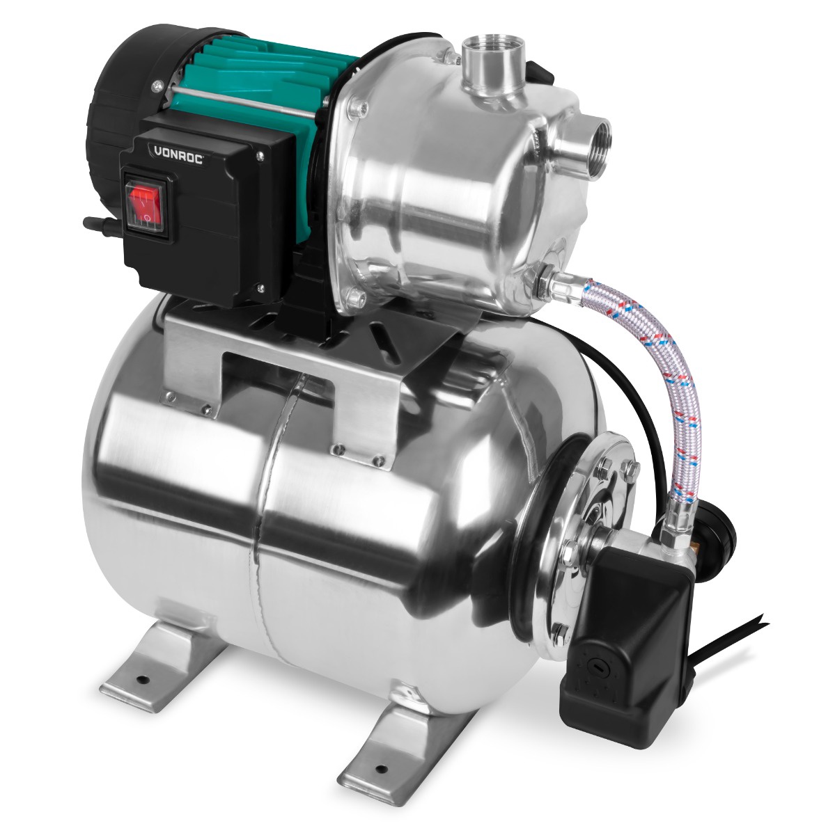 VONROC Hydroforpump 1000W – 3500L/h – 19L Tank – Max 44m Pumphöjd – Automatisk På/Av Funktion – För Trädgård, Hushåll, och Mer