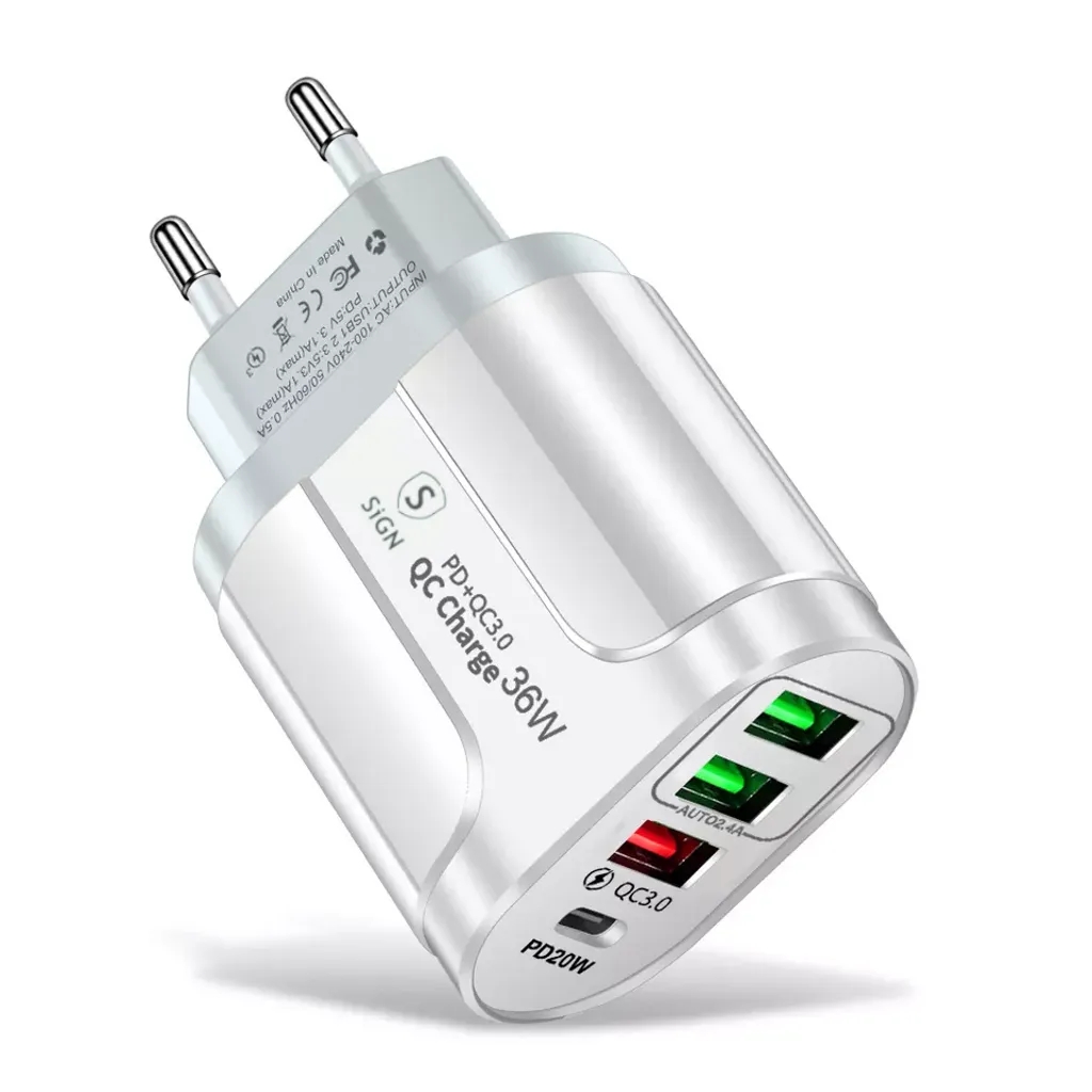 SiGN Snabbladdare USB-C & 3xUSB-A, PD & Q.C 3.0, 36W