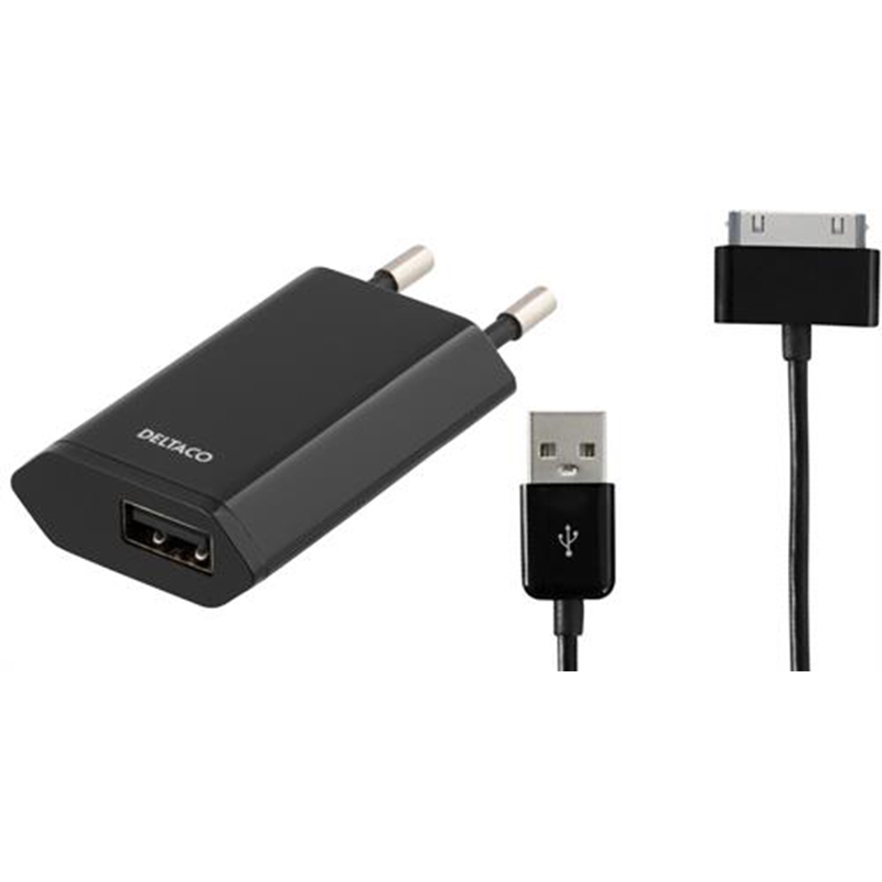 DELTACO Väggladdare 230V till 5V USB med USB till Apple 30-Pin kabel, 1A, 1m