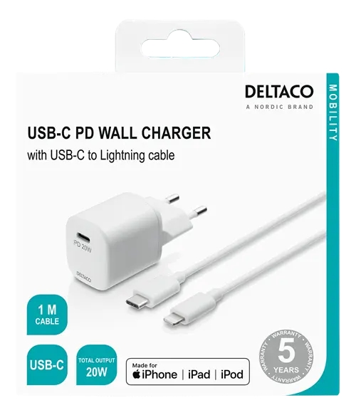 Deltaco PD Väggladdare med USB-C till Lightning Kabel 1m, 20W