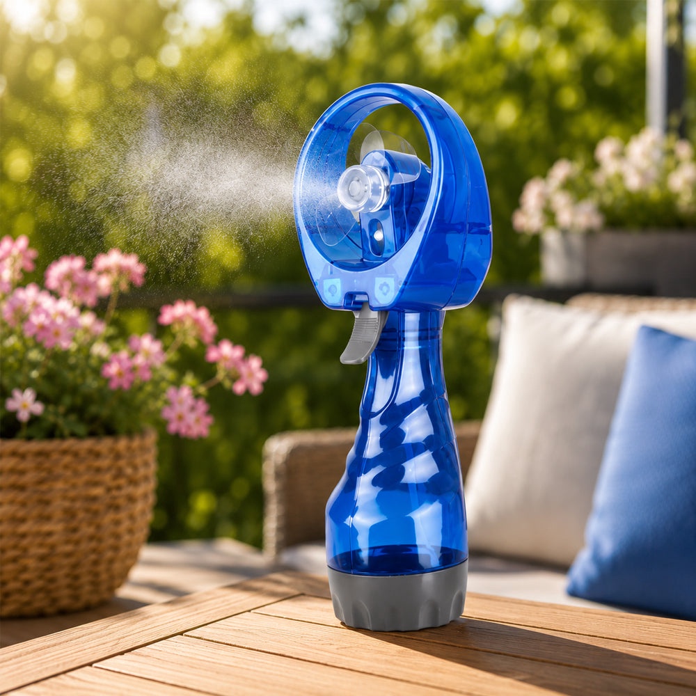 Handheld fan with water sprayer (cold water dispenser in the heat)