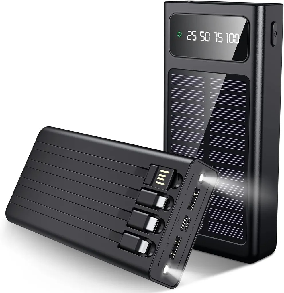 SiGN Solar Powerbank med Inbyggd Kablar, 20000mAh - Svart